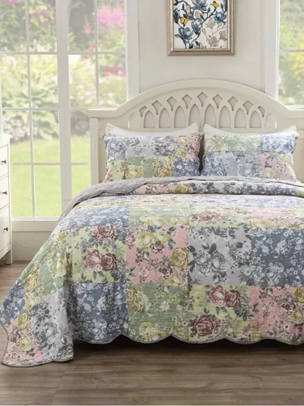 Greenland Home Fashions Emma Traditional Floral Print 3 Piece Quilt Set, Full/Qu